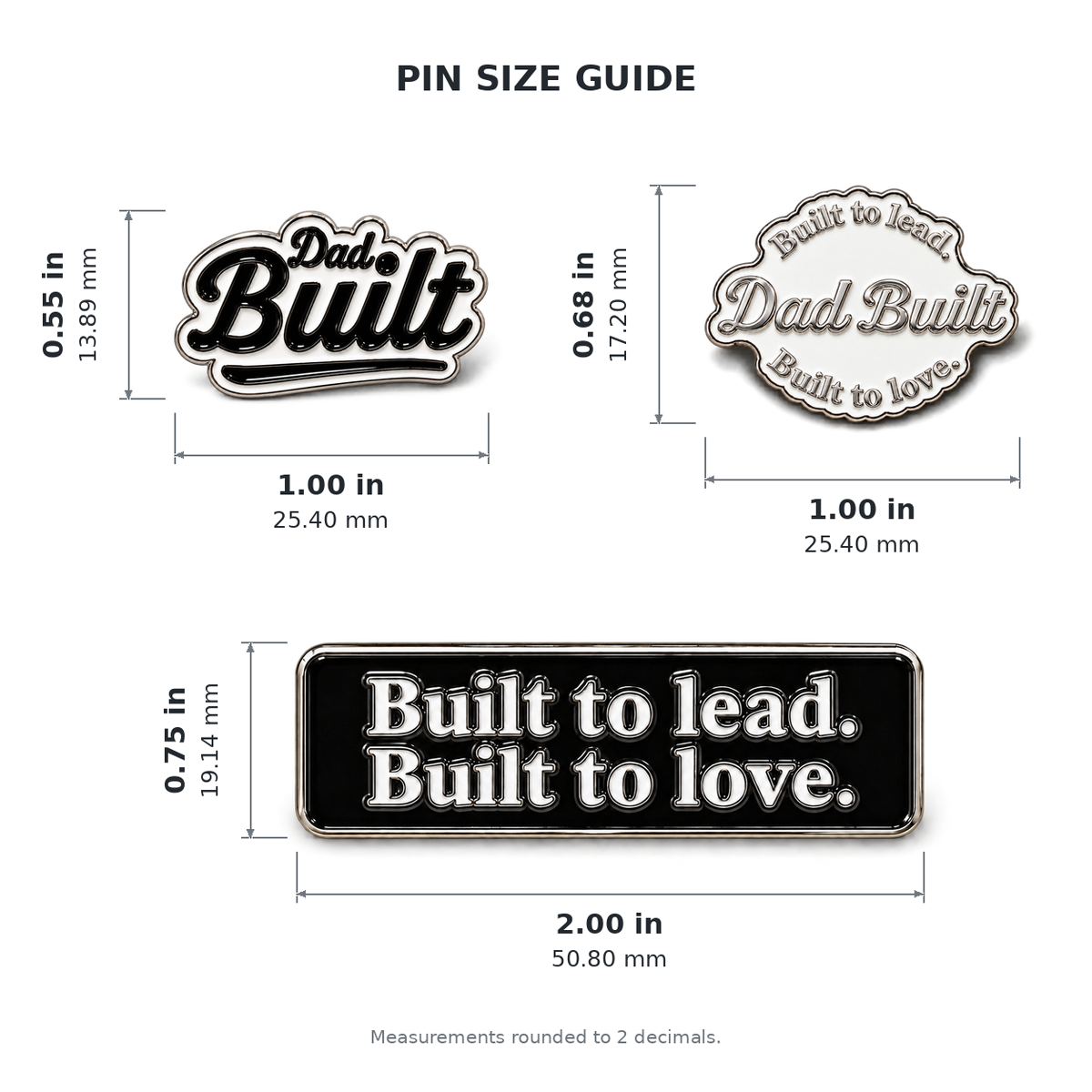 Dad Built 3-Pack Pins size guide with width and height measurements in inches and millimeters