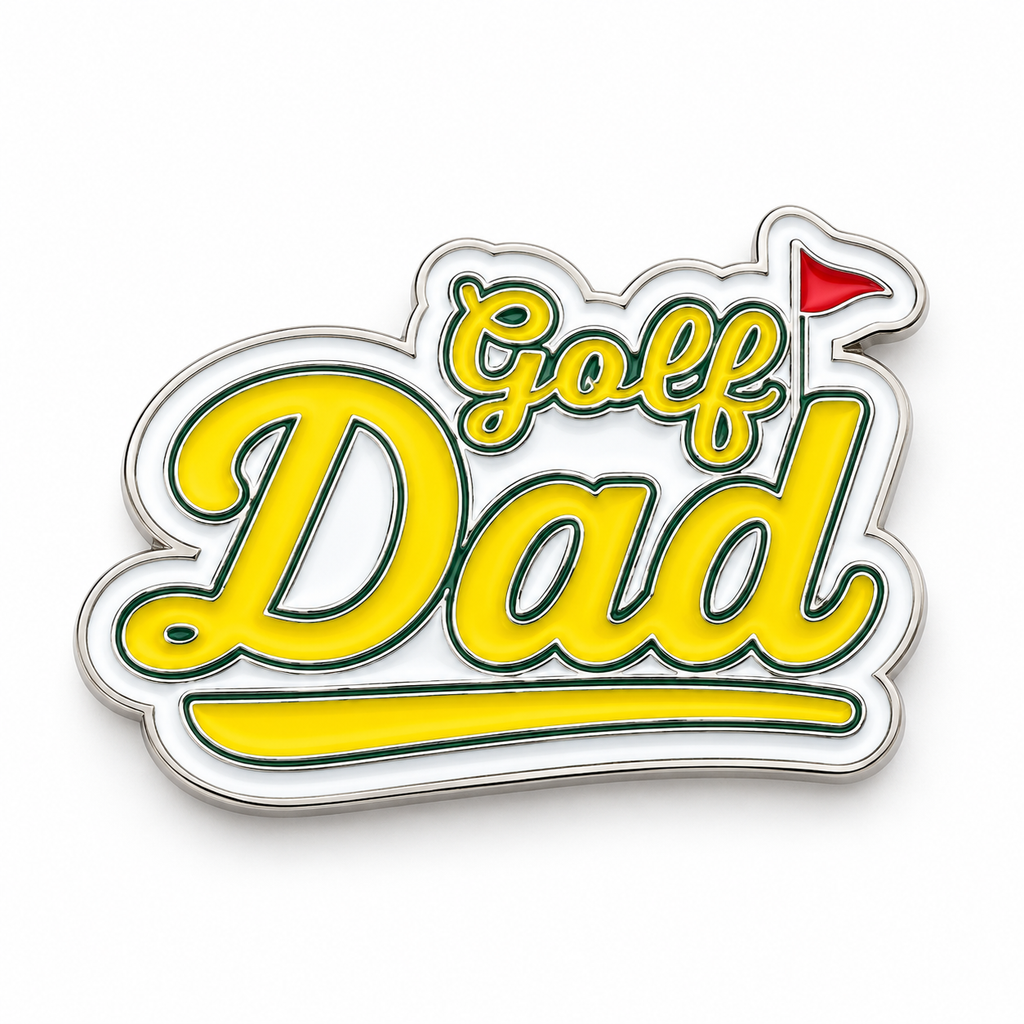 Golf Dad Ball Marker front with yellow script, green accents and red flag