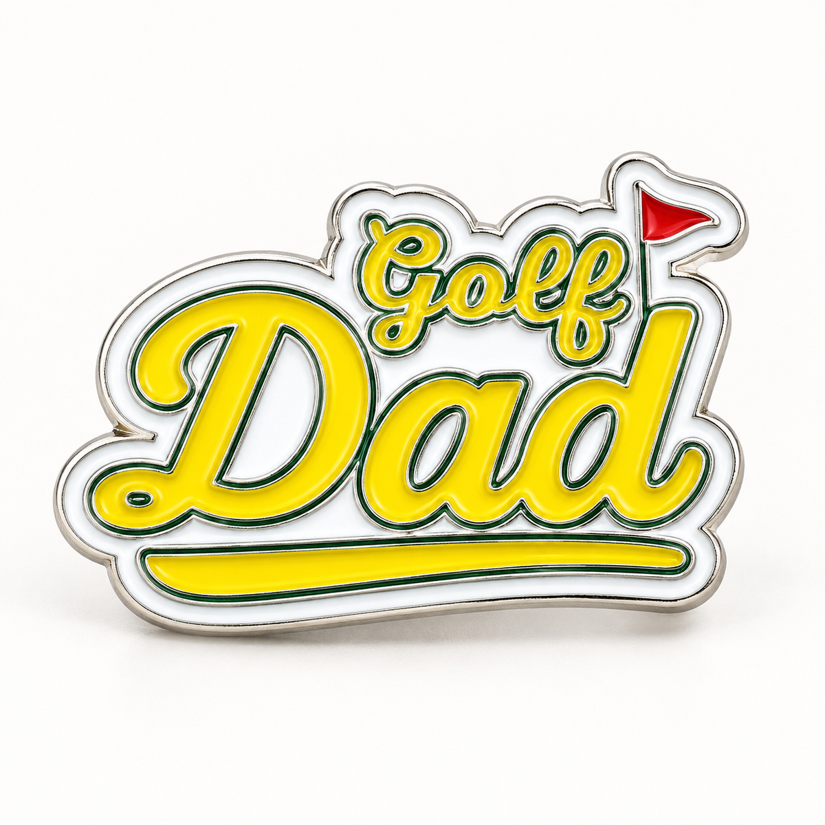Golf Dad Pin front with yellow script and red flag